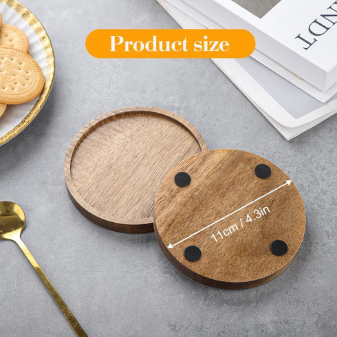 4.33in, Set 6 WLWNWFT Acacia Wood Coasters for Drinks with Lip Round Drink Coaster with Holder for Coffee Dining Table