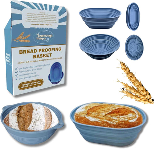 Set of 2 Blue Benaton Silicone Sourdough Bread Proofing Baskets, 9.5 Inch Oval & Round, Dishwasher Safe