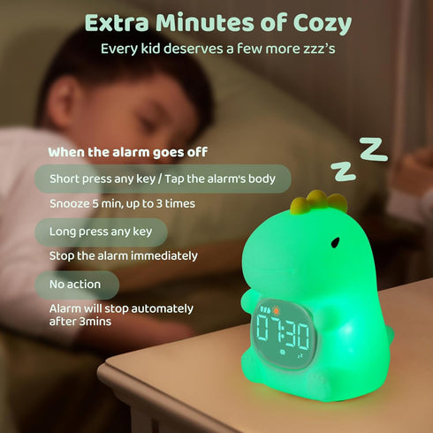 Dinosaurs Alarm Clock with Night Light for Kids with Sleep Training and Sound Machine, Rechargeable Silicone Lamp OK