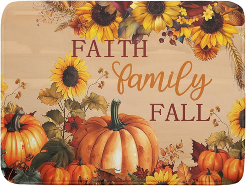 Fall Pumpkin Sunflower Dish Drying Mat 18”x24”, Absorbent Autumn Orange Pumpkins Drying Mat for Kitchen Counter