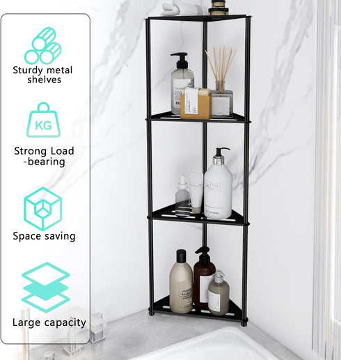 4 Standing Corner Shower Caddy, Tier Stainless Steel Organizer Stand, Rustproof Shelves for Inside Shower, Black