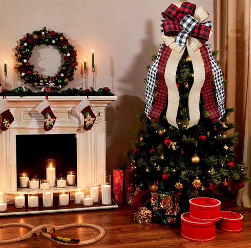 Christmas Tree Topper, Large Buffalo Plaid Burlap Red and Black Gift Bow for Handmade Holiday Party Decorations