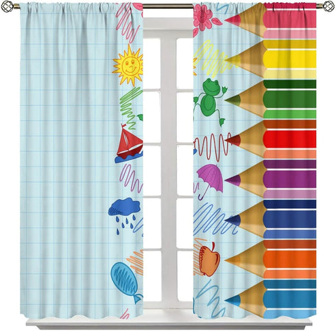 Focusbrite Set 2 Panels,42x63 Inches Children Pencil Curtains Cute Crayon Colourful Design Kids Boys Girls Curtain
