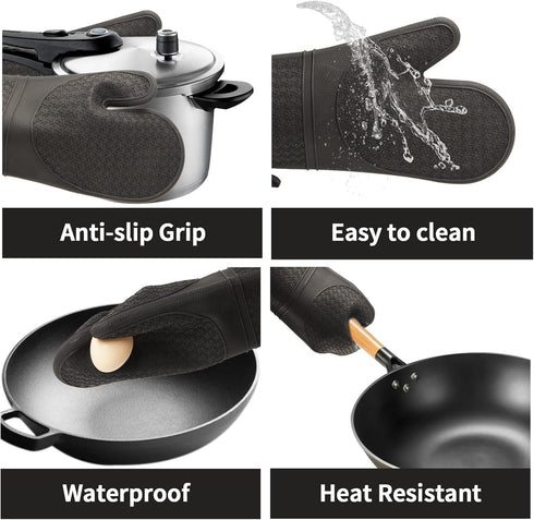 2PCS Silicone Oven Mitts, Black Oven Gloves with Non-Slip Waterproof, Heat Resistant 600 Degree for Cooking Baking