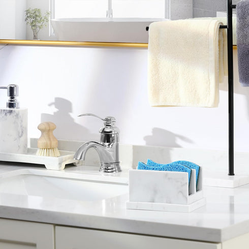2 Luxspire Kitchen Sponge Holder, Dish Sponge Holder with with Drain Tray, Marble Sponge Holder for Kitchen Sink