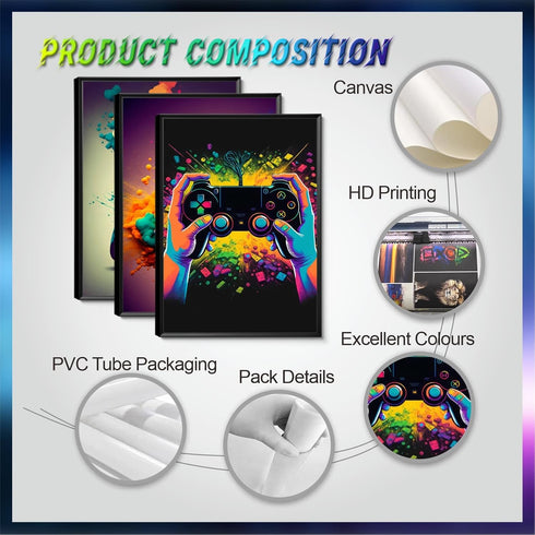 MUWAK Gaming Room Decor Wall Art Set of 3, Video Gaming Controller Canvas Poster for Boys Room
