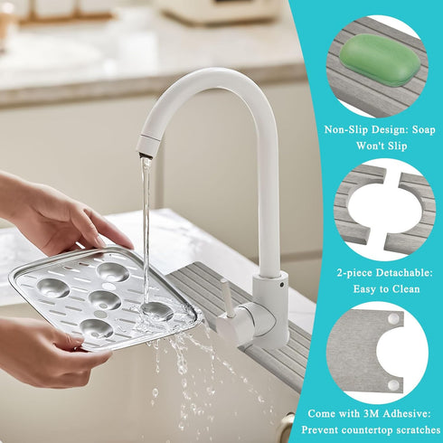 Diatomite Kitchen Faucet Mat, Quick Drying Splash Guard for Sink, Grey Water Absorbing Stone Tray for Countertop