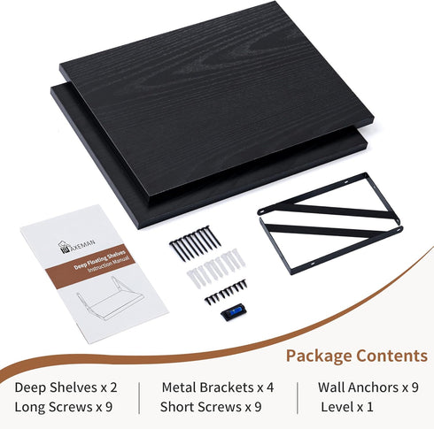 16W 12D Set 2, 12 Inch Axeman Deep Floating Shelves for Wall, x Black Floating Shelves of Deep Large Wall Mounted