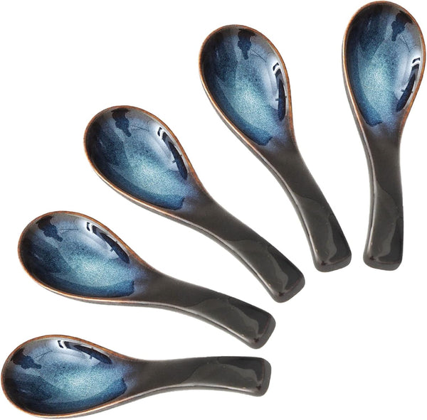 Japanese Ramen Soup Spoons Set of 5, Asian Blue Ceramic Soup Spoons for Pho, Dessert, Noodle