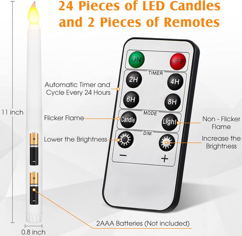 24 Pack 11" 3D Dimmable Tuanse Flameless Taper Candles with Remote & Timer, Flickering LED Battery Operated Window