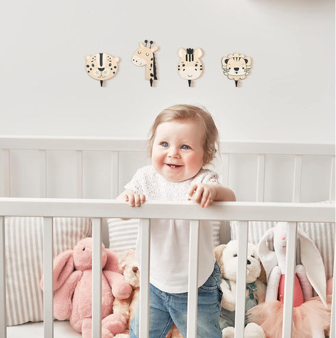 4 Qunclay Pcs Safari Animal Wall Hooks for Kids, Wooden Jungle Baby Safari Nursery Decor Hooks, Cute Lion Zebra Giraffe