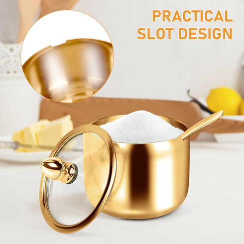 2 10 oz holoith Pcs Coffee and Sugar Dispenser with Tray - Sugar Bowl with Glass Lid and Spoon for Coffee Bar