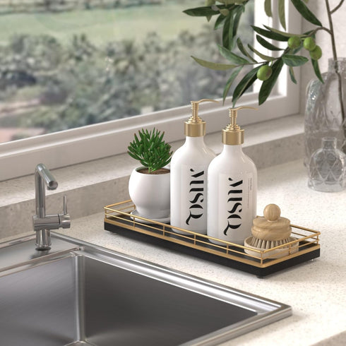 Oak Wooden Decorative Kitchen Tray, 11" L Dish Soap Sponge Holder for Sink Countertop, Spice Salt and Pepper Organizer