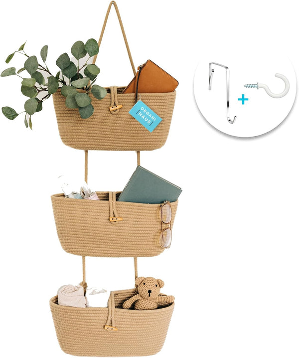 OrganiHaus Over the Door Hanging Basket for Organizing, 3-Tier Hanging Wall Basket