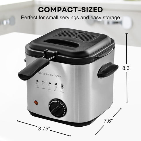 OVENTE Electric Deep Fryer 1.5 Liter Capacity with Lid, Removable Frying Basket, Adjustable Temperature, Silver