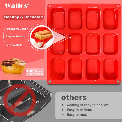 Walfos Silicone Mini Loaf Pan, 12 Cavities Non-stick Bread Brownie Pan for Mini Bread & Cheesecake