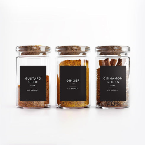 ThreeKin 230 Spice Jar Labels | Waterproof & Oil-Resistant Black Minimalist Stickers for Kitchen Organization | Common & Customizable for Herbs, Seasonings | No-Residue, BPA-Free | USA Owned by ThreeKin Collective