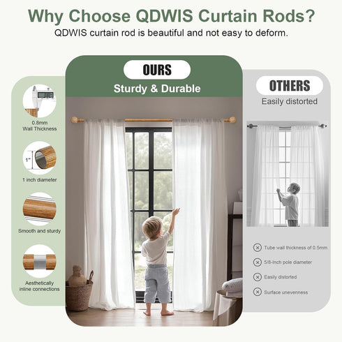 QDWIS 48 84 Inch,1'' Set,36-88'',Color:Natural Wood Curtain Rods for Windows to Diameter Drapery Rods with Imitation