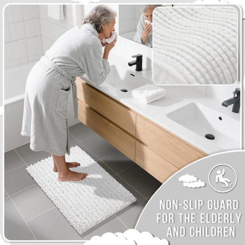 Yimobra Long Bathroom Rugs Non Slip Washable 44x24 Inch - Ultra Soft Absorbent Chenille Bath Mat for Tub Shower, White