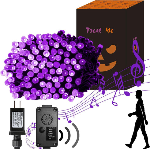 PEIDUO 82 FT 200 LED Purple String Lights Halloween Decorations Outdoor, Motion Sensor Controller with Spooky Music