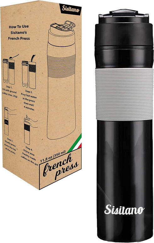 2in1 Travel French Press Coffee Maker, Portable 11.8 oz Tumbler for Ground Coffee & Tea Leaves, Iced Coffee Mug