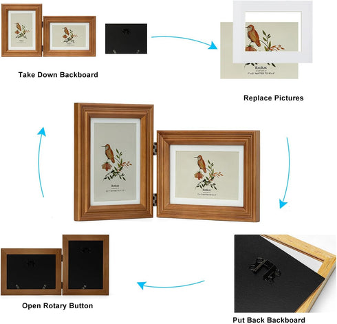 5x7 2 4x6 5x7 Double Hinged Picture Frame, Folding Photo Frame, Walnut-colored Pine Wood with Real Glass, Display