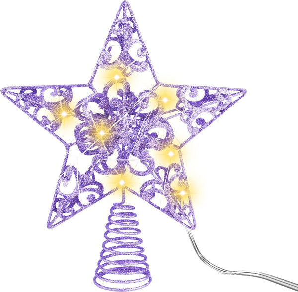 MCEAST Glittered Christmas Tree Topper, 10 Inches LED Light Up Star Treetop for Indoor Outdoor Decoration, Purple