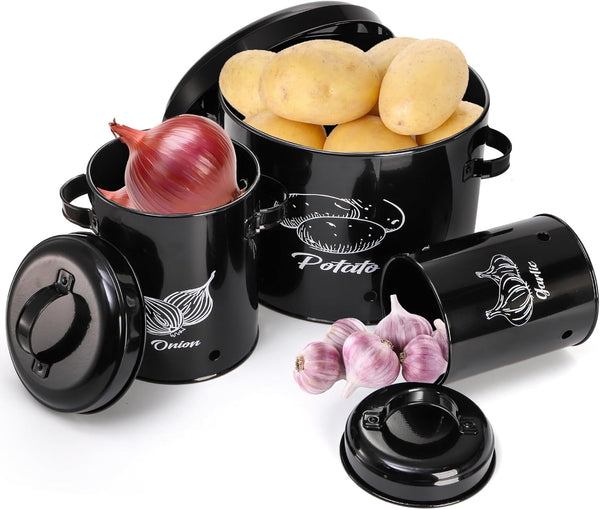 Frcctre 3 Pack Vegetable Storage Tins, Potato Onion Garlic Storage Canister Set,