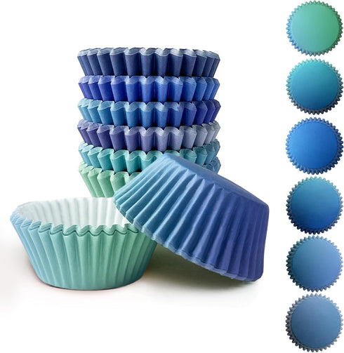 qiqee 300 Pcs Mini Gradient Cupcake Liners, 6 Designs Blue Gradient Baking Cups, Small Size Cupcake Wrappers