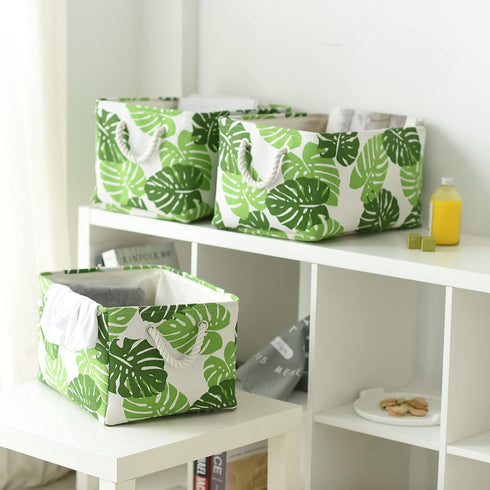 Storage Cubes - 4 Pack Storage Bins for Organizing Toys and Clothes, White and Green with Rope Handles