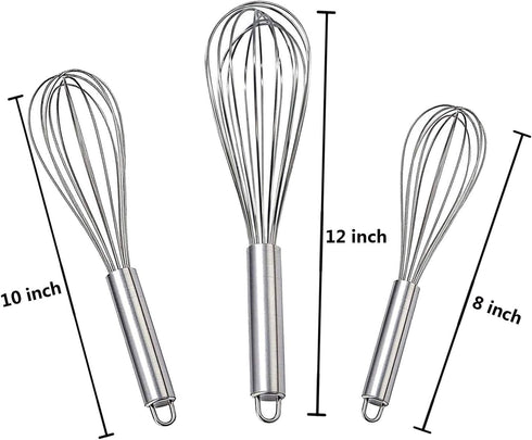 Stainless Steel Whisk Set with Measuring Spoon and 8"+10"+12" Wire Whisk for Cooking, Blending, Baking (5 Pack Silver)