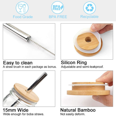 Mason Jar Lids with Straw - Reusable Bamboo Wide Mouth Tumbler Tops, 2 Packs with 2 Stainless Steel Straws