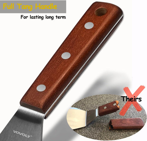 Professional Metal Spatula for Cast Iron Skillets and Flat Top Grills, Full Tang Wooden Handle, 1.8mm Thick Blade