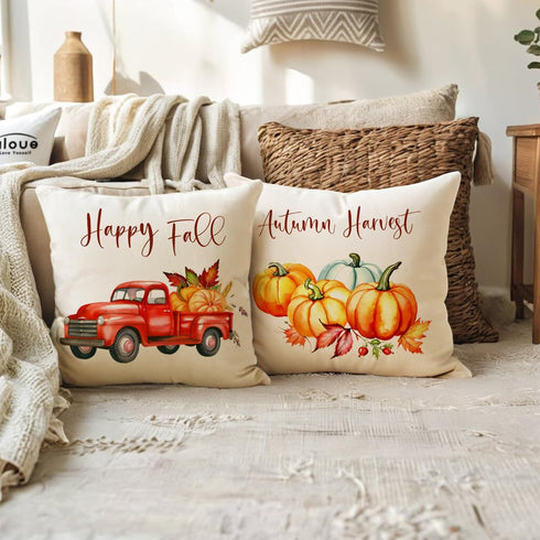 ULOVE LOVE YOURSELF 2pack Happy Fall Throw Pillow Covers with Pumpkin & Red Truck Pattern, Autumn Harvest Cushion