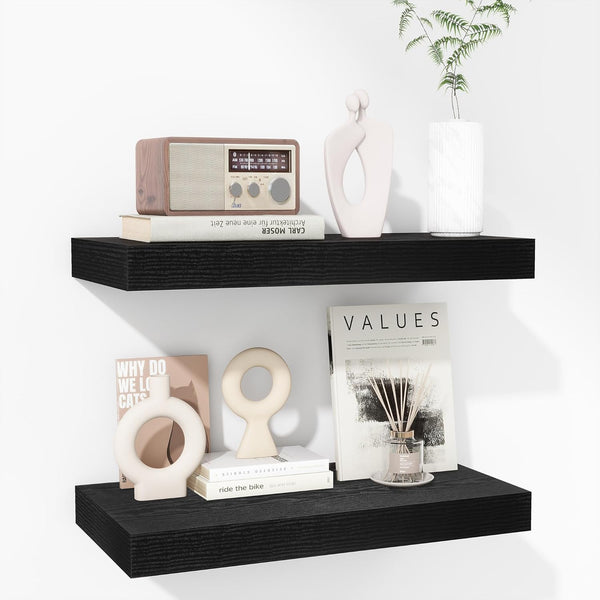 Fun Memories 16 Inch Floating Shelves - Deep Rustic Black Wooden Wall
