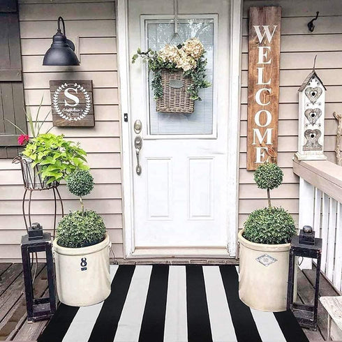 CAINANEL Black and White Striped Outdoor Rug 27.5X43 inches, Hand-Woven Cotton Indoor/Outdoor Welcome Mat for Porch