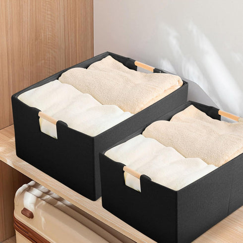 Fabric Storage Bin Box, Foldable Cotton Linen Storage Basket with Wooden Handles, Rectangular Cube Decorative Home
