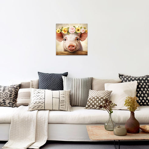 ZXHYWYM Funny Pig Wall Art - Pink Pig with Flower Canvas for Rustic Farmhouse Kitchen Decor, 12"x12" Frame