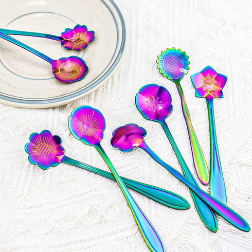 8 Pieces Rainbow Flower Spoon Set - LEEFONE Stainless Steel Reusable Tea Spoon, 8 Different Patterns