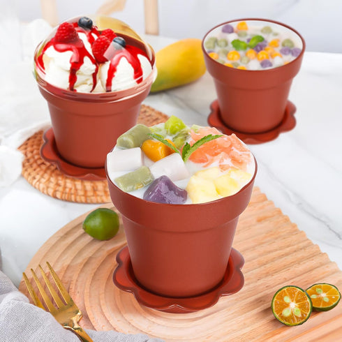 20 Pack 6.7 oz DOITOOL Flower Pot Dessert Cups with Lids and Spoons, Mini Plastic Chocolate Pudding Cups, Cute Mini