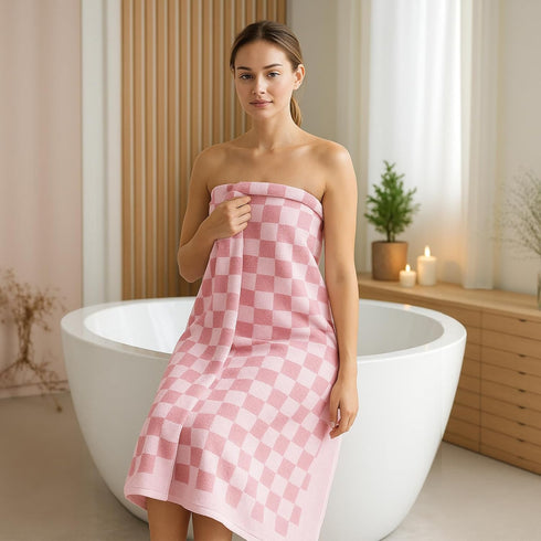 2 Set 27x55 600GSM REDKISS Piece Pink Checkered Bath Towels - Highly Absorbent Pink Cotton Towels for Bathroom