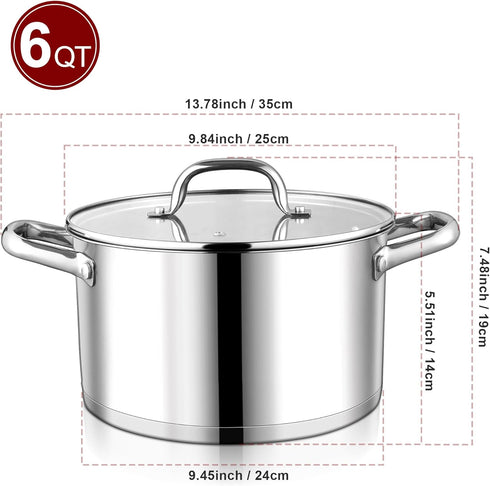LIANYU 6 QT Stainless Steel Stock pot, Tri-ply Base Cooking Pot with Glass Lid, Heavy duty Soup Pot, Non-toxic Cookware for Meals, Compatible with Induction Cooktop Electric Stove, Dishwasher Safe