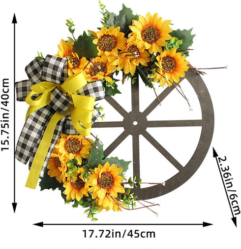 Sunflower Wagon Wheel Wreath for Front Door, Wooden Decor with Sunflower and Bow, 17.7in Spring Wreath