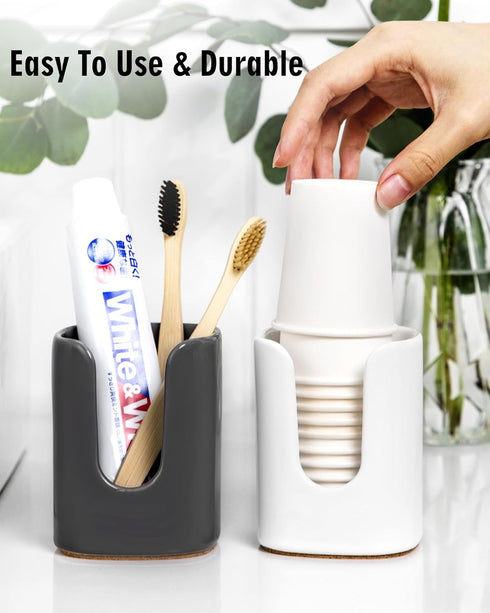 5 oz Square Ceramic Bathroom Cup Dispenser, Disposable Paper Cup Holder for Mouthwash on Vanity Countertop
