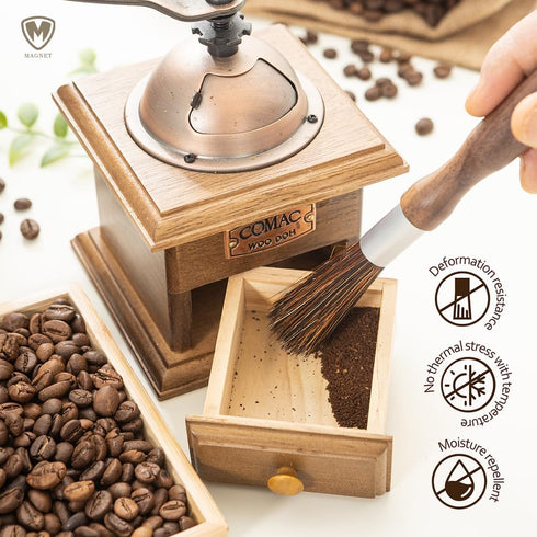 MAGNET Professional Coffee Grinder Cleaning Brush, Natural Bristle with Magnetic Snap, Walnut Handle