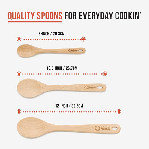 Chef Pomodoro 3-Piece Wooden Spoons Set, Solid Beechwood Cooking Utensils, 12-Inch, 10.5-Inch, 8-Inch