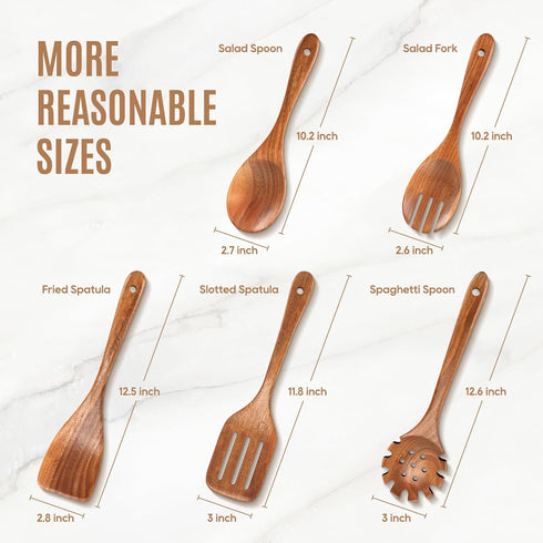 5 PCS Wooden Cooking Spoons, Natural Teak Kitchen Utensils, Smooth Non-Stick Surface, Soft Comfort-Grip