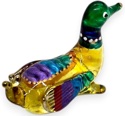 Tiny 1¾" Long Multicolor Sitting Duck Figurine - Miniature Hand Blown Painted Glass