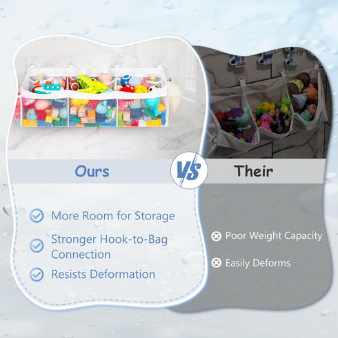 3 Criusia Extra Large Bath Toy Organizer with Compartments and Multiple Pockets, Quick-Dry Mesh Bathtub Storage