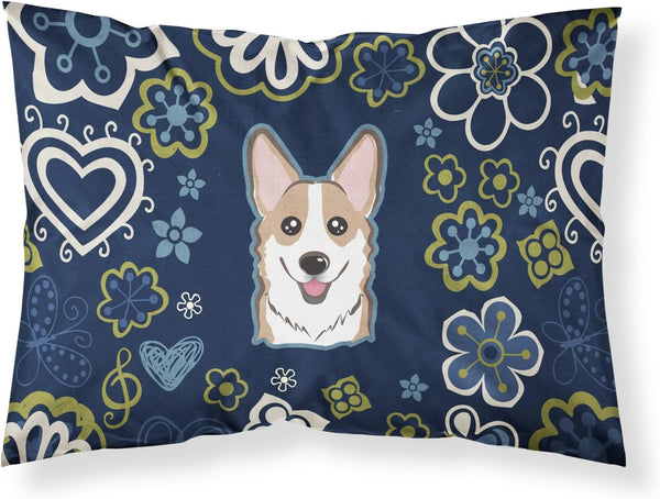 Caroline's Treasures BB5104PILLOWCASE Standard Pillowcase, Blue Flowers Sable Corgi Fabric, Lightweight Easy Care